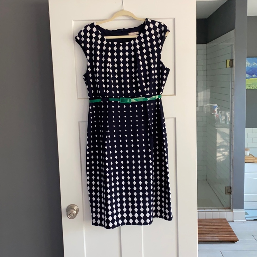 Dress Barn navy and white dress with green belt